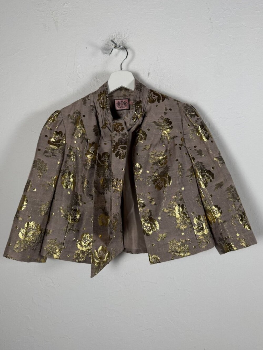 Juicy Couture Jacket Womens Taupe Gold Metallic Floral Silk Blend Crop Blazer